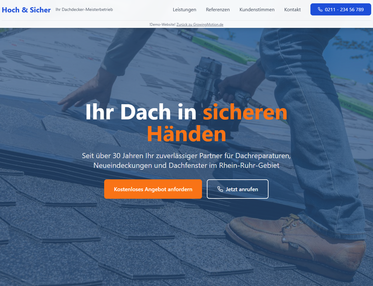 Startseite eines Dachdecker-Meisterbetriebs mit Hero-Bereich und Leistungskacheln